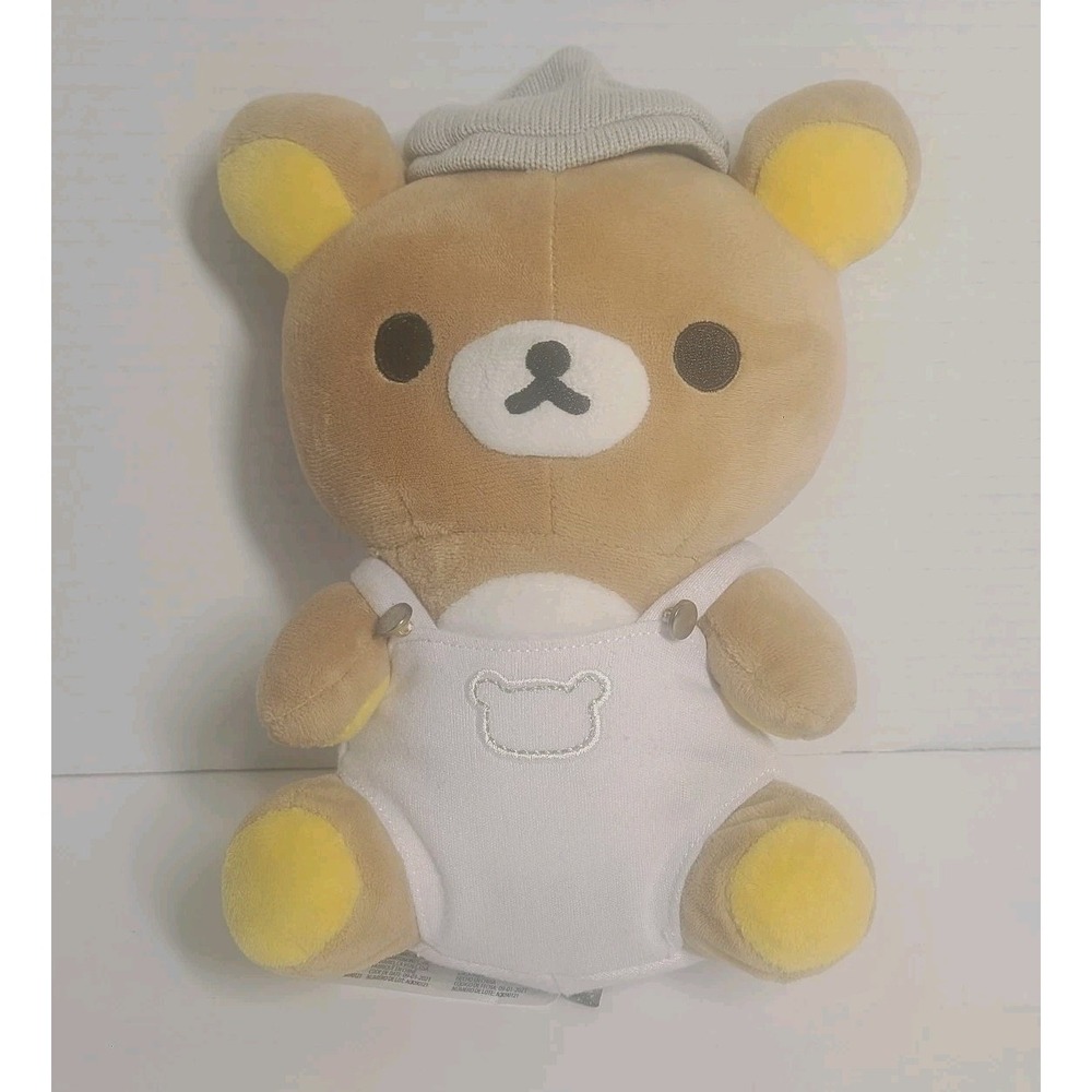San X Rilakkuma Teddy Bear Plush 10" White Overall Gray Beanie Back Zipper Pouch